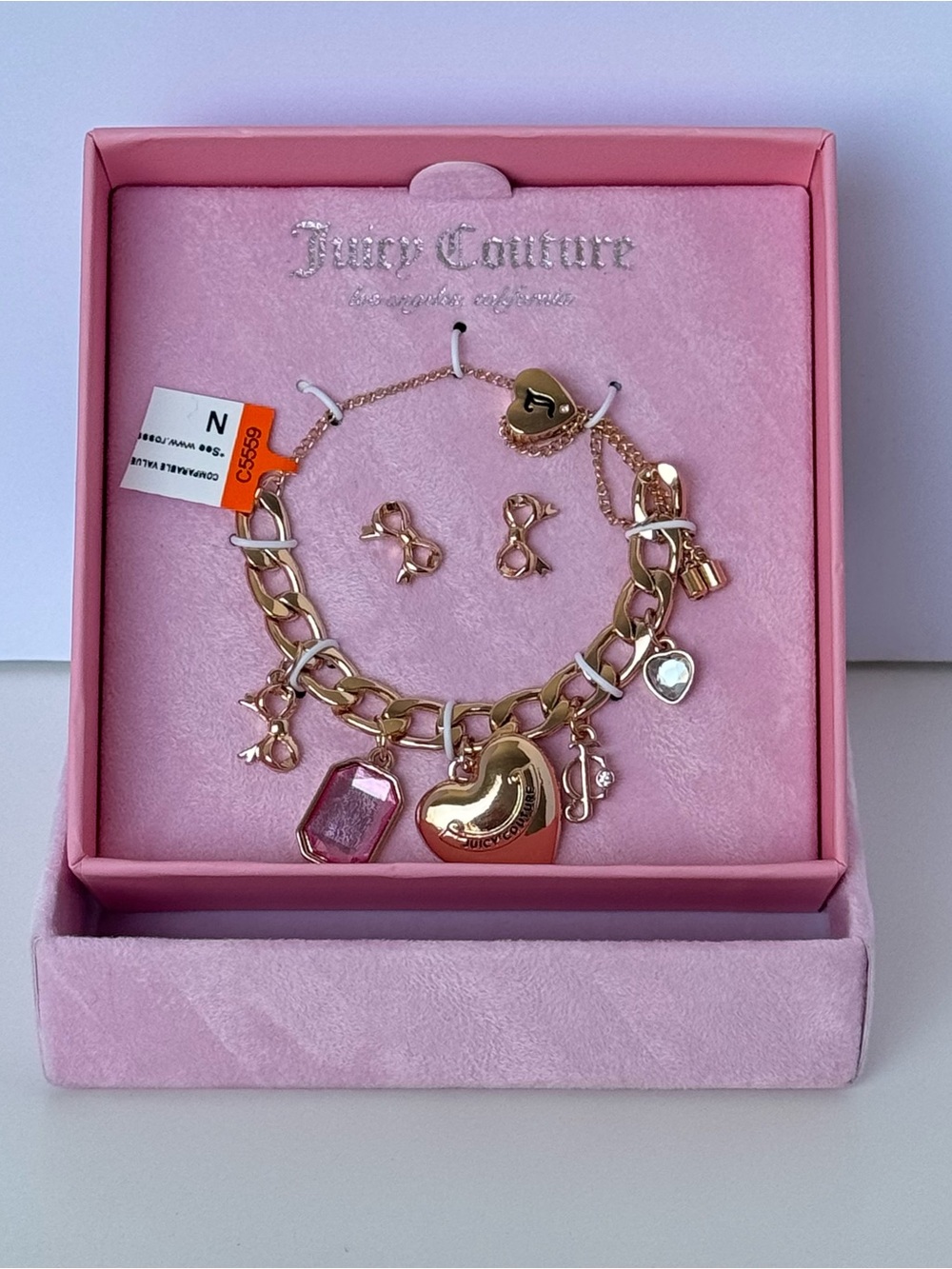 Juicy Couture Charm Bracelet & Bow Earrings Set NWT Pink Gift Box